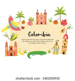 Tourist poster with famous destinations and landmarks of Colombia. Explore Colombia concept image. For banner, travel guides