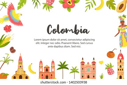 Tourist poster with famous destinations and landmarks of Colombia. Explore Colombia concept image. For banner, travel guides, posters