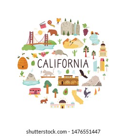 Tourist poster with famous destinations and landmarks of California. Explore California concept image. For banner, travel guides