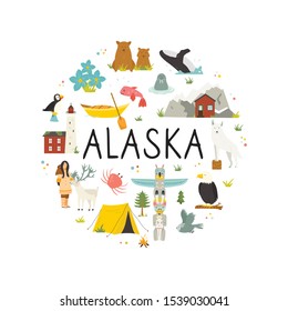 Tourist poster with famous destinations and landmarks of Alaska. Explore Alaska concept image. For banner, travel guides, prints, books