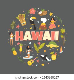 Tourist poster with famous destinations and landmarks of Hawaii. Explore Hawaii concept image. For banner, travel guides, prints, books