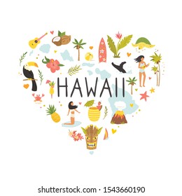 Tourist poster with famous destinations and landmarks of Hawaii. Explore Hawaii concept image. For banner, travel guides, prints, books