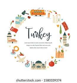 Tourist poster with famous destinations and landmarks of Turkey Istanbul, Pergamum, Ephesus, Cappadocia, Pamukkale, Sanliurfa. Explore Turkey abstract design. For banner, travel guides, prints