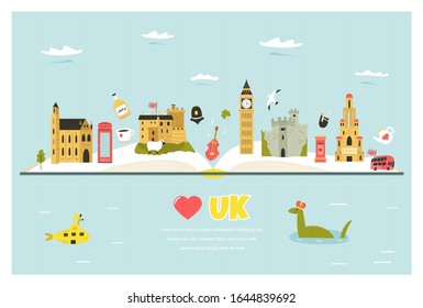 Tourist poster with famous destinations and landmarks of Great Britain London, Manchester, Edinburgh, London. Explore United Kingdom abstract design. For banner, travel guides, prints