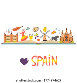 Tourist poster with famous destinations and landmarks of Spain. Explore Spain concept image. For banner, travel guides