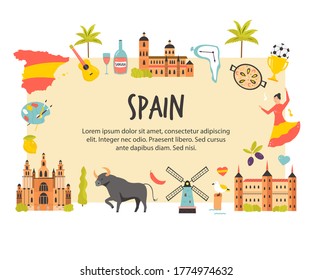 Tourist Poster With Famous Destinations And Landmarks Of Spain. Explore Spain Concept Image. For Banner, Travel Guides