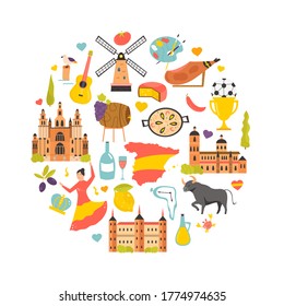 Tourist poster with famous destinations and landmarks of Spain. Explore Spain concept image. For banner, travel guides
