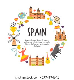 Tourist poster with famous destinations and landmarks of Spain. Explore Spain concept image. For banner, travel guides