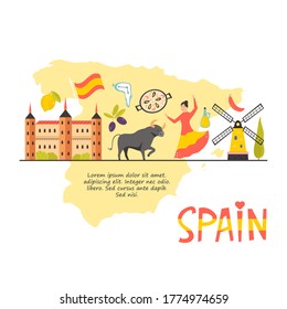 Tourist poster with famous destinations and landmarks of Spain. Explore Spain concept image. For banner, travel guides