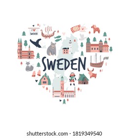 Tourist poster with famous destinations and landmarks of Sweden. Explore Sweden concept image for banners, travel guides