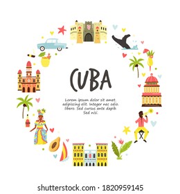 Tourist poster with famous destinations and landmarks of Cuba. Explore Cuba concept image. For banner, travel guides