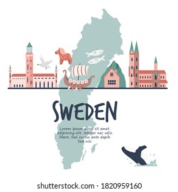 Tourist poster with famous destinations and landmarks of Sweden. Explore Sweden concept image for banners, travel guides