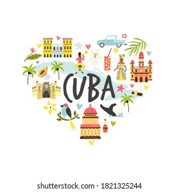 Tourist poster with famous destinations and landmarks of Cuba. Explore Cuba concept image. For banner, travel guides