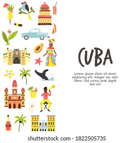 Tourist poster with famous destinations and landmarks of Cuba. Explore Cuba concept image. For banner, travel guides