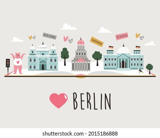 Tourist poster with famous destinations and landmarks of Berlin. Explore Italy concept design.