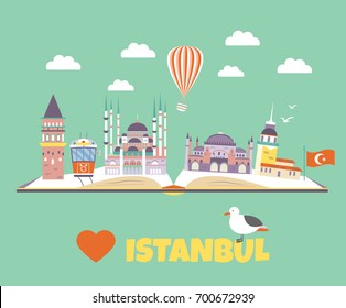 Tourist poster with famous destinations and landmarks of Istanbul. Explore Istanbul concept image