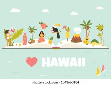 Tourist poster with famous landmarks and animals of Hawaii. Explore USA concept image. For banner, travel guides