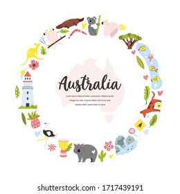 Tourist poster with famous symbols and animals of Australia. Explore Australia concept image. For banner, travel guides