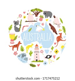 Tourist poster with famous symbols and animals of Australia. Explore Australia concept image. For banner, travel guides