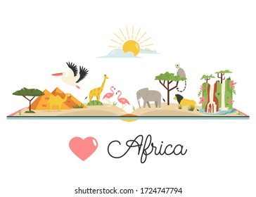 Tourist poster with famous symbols, animals of Africa. Explore Africa concept image. For banner, travel guides
