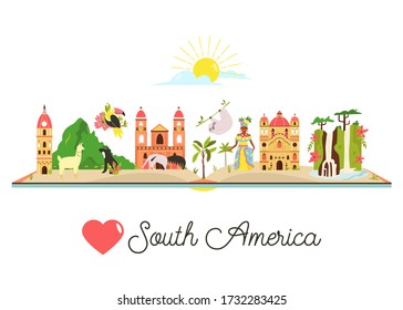 Tourist poster with famous symbols, animals, landmarks, buildings of South America. Explore South America concept image. For banner, travel guides