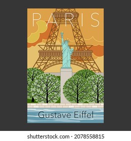 Tourist poster in homage to Gustave Eiffel with the Eiffel Tower and a copy of the Statue of Liberty, a symbolic place west of Paris in France. 