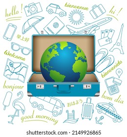 Tourist poster illustrated with an open suitcase containing the planet earth on a background of pictograms on the theme of travel - text: multi-language, translation: hello, welcome.