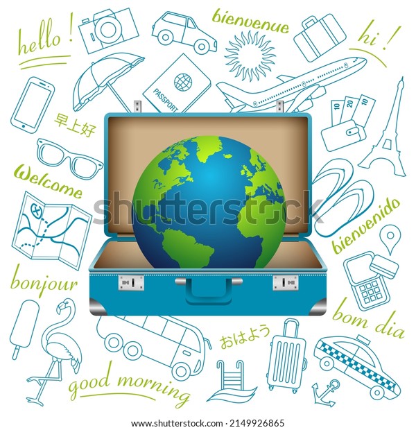 Tourist\
poster illustrated with an open suitcase containing the planet\
earth on a background of pictograms on the theme of travel - text:\
multi-language, translation: hello,\
welcome.