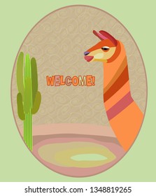 Tourist poster with a llama and a cactus. Welcome. Camel, desert background. Advertising, invitation to the country, to the hotel, to the farm. Vector concept illustration