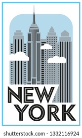 Tourist poster New York. Retro grafica. Skyscrapers and clouds. Vector drawing