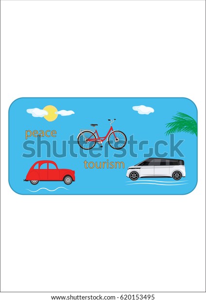 Tourist poster.\
Red small car, bicycle, realistic modern car sun palm art creative\
vector illustration flat\
style.