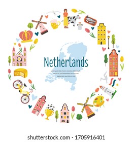 Tourist poster with traditional buildings, famous symbols of Netherlands. Explore Holland concept image. For banner, travel guides