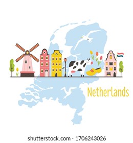 Tourist poster with traditional buildings, famous symbols of Netherlands. Explore Holland concept image. For banner, travel guides