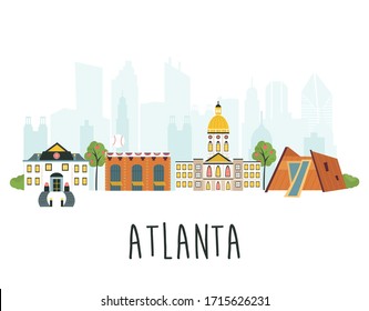 Tourist poster with traditional buildings, famous symbols of Atlanta. Explore city concept image. Town skyline, cityscape