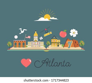 Tourist poster with traditional buildings, famous symbols of Atlanta. Explore city concept image. For banner, travel guides