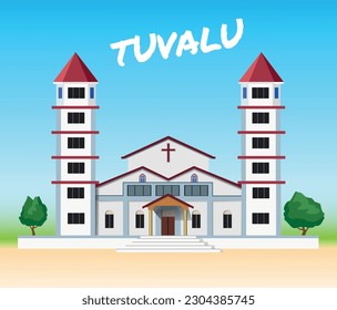 Tourist poster Tuvalu. Christian church vector illustration