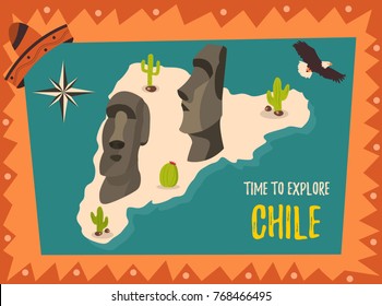 Tourist Poster Welcome To Chile With Statues Of Easter Island