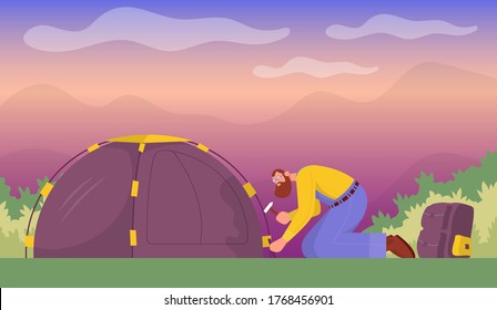 Tourist puts up a tent. Cartoon vector illustration.