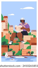 Tourist reading city guide, travel book. Big character reader with encyclopedia at seaside among buildings, relaxing on summer holiday. Imagination, fancy, tourism concept. Flat vector illustration