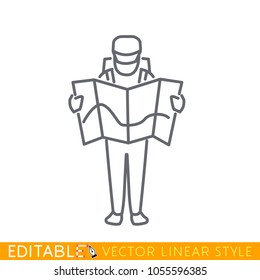 Tourist reading Map, Adventure exploration Travel Concept. Editable line sketch icon. Stock vector illustration.
