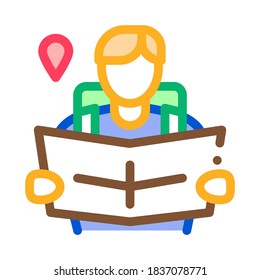 tourist reading map icon vector. tourist reading map sign. color symbol illustration