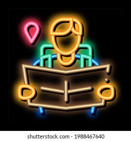 tourist reading map neon light sign vector. Glowing bright icon tourist reading map sign. transparent symbol illustration