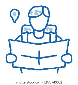 tourist reading map sketch icon vector. Hand drawn blue doodle line art tourist reading map sign. isolated symbol illustration
