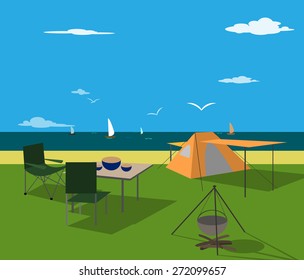 Tourist recreation tent on the beach, on a background of the sea, summer vacation, illustration, retro background.Raster version