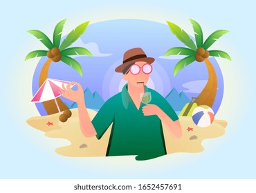 a tourist is relaxing and drinking cocktails in the hot sun. Summer vacation with a beach background, sand, umbrellas and balls. Flat illustration design