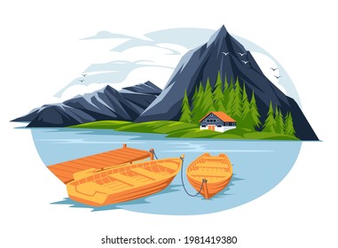 tourist rest house on the mountain lake island with boats and pirs. flat colorful landscape