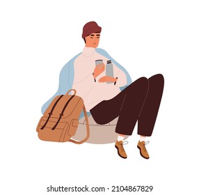 Tourist resting and warming with hot drink from thermos. Hiker with backpack relaxing. Backpacker man during relaxation after hiking, trekking. Flat vector illustration isolated on white background