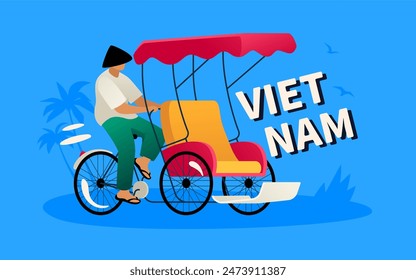 Tourist rickshaw driver - modern colored vector illustration with traditional eco-friendly transport on three wheels in Vietnam. Excursions and travel in Asia. National distinguishing feature