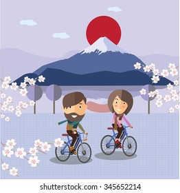 Tourist Ride A Bicycle At Fuji Mountain Japan