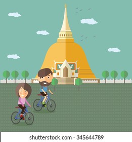 tourist ride a bicycle travel  temple Thailand